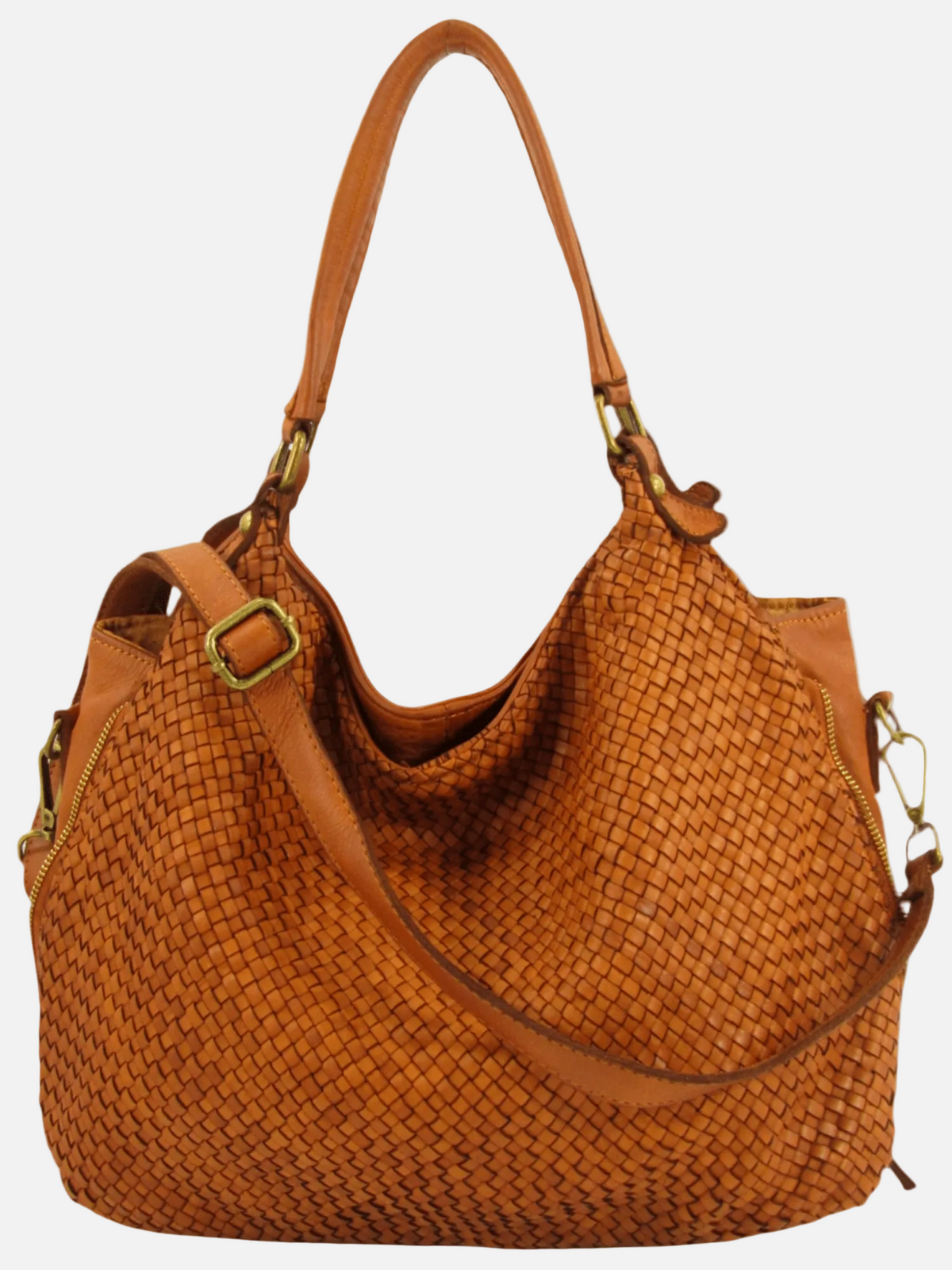 Borsa MH in pelle intrecciata Mahzel made in Italy frontale marrone cuoio tracolla regolabile comoda a spalla