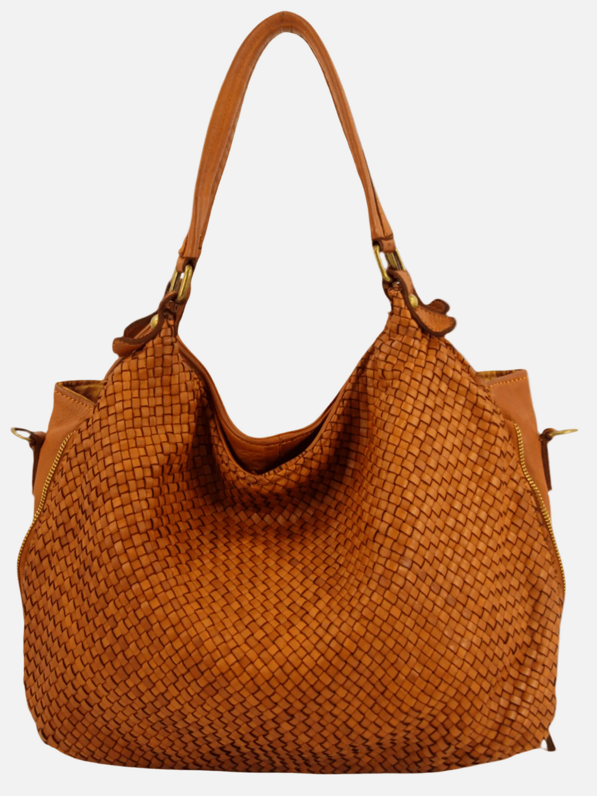 Borsa MH in pelle con frontale intrecciato Mahzel marrone cuoio made in Italy comoda a spalla e con tracolla regolabile