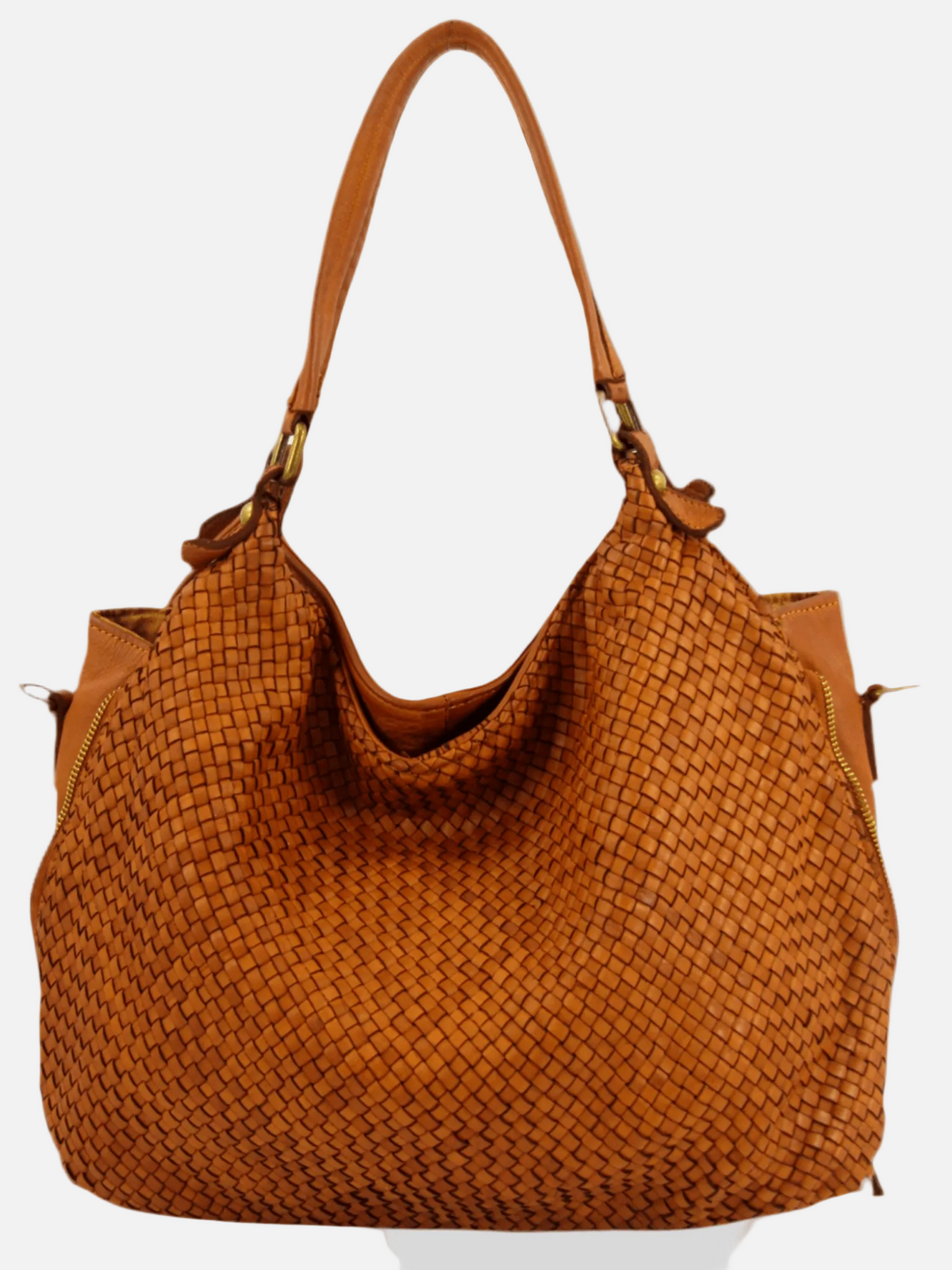Borsa MH pelle intrecciata lavata marrone cuoio tracolla regolabile rmovibile comoda a spalla leggera