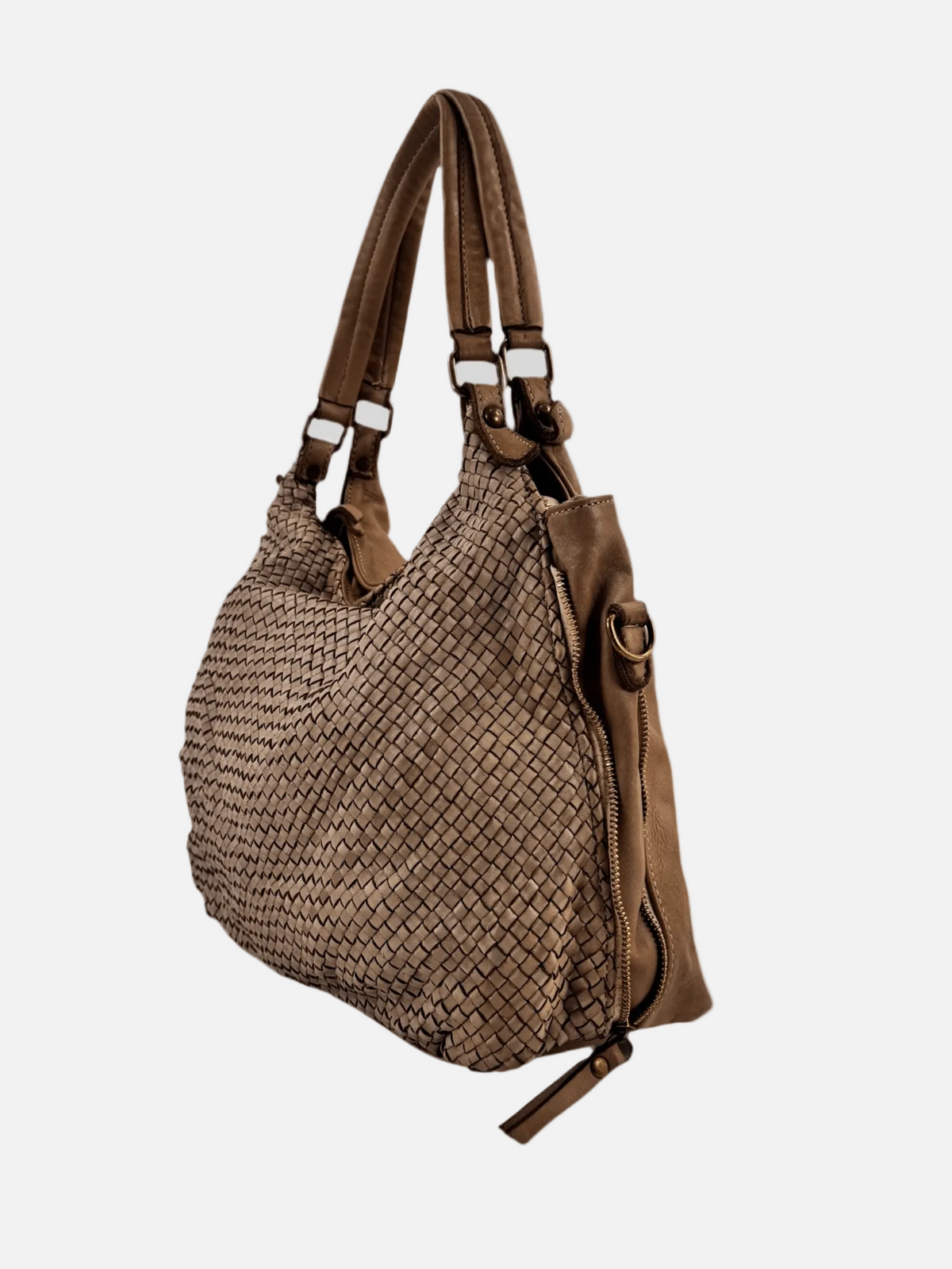 Borsa MH vista laterale pelle tinta in capo Mahzel made in Italy
