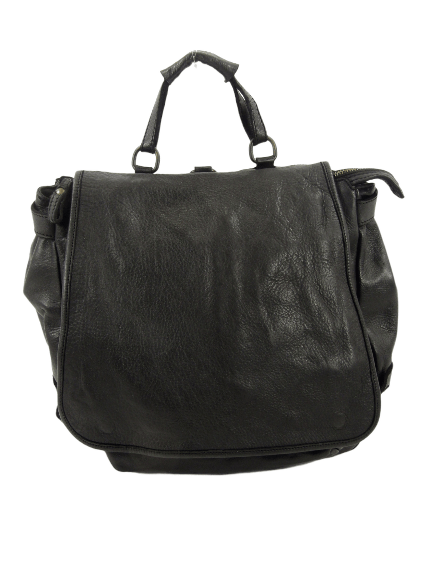 Borsa multifunzione Atena, costruita con pelle di alta qualità tinta in capo, indossata, colore marrone, si porta a mano, a zaino, a spallo o tracolla, accessoriata da molte tasche colore nero