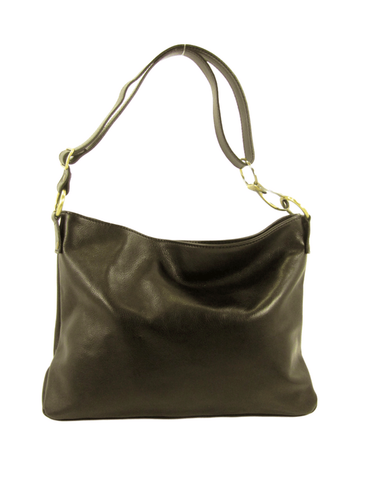 borsa in cuoio conciato al vegetale a spalla e tracolla nero