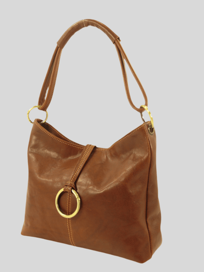 Borsa  a mano e spalla in cuoio con anello sul davanti - Mahzel