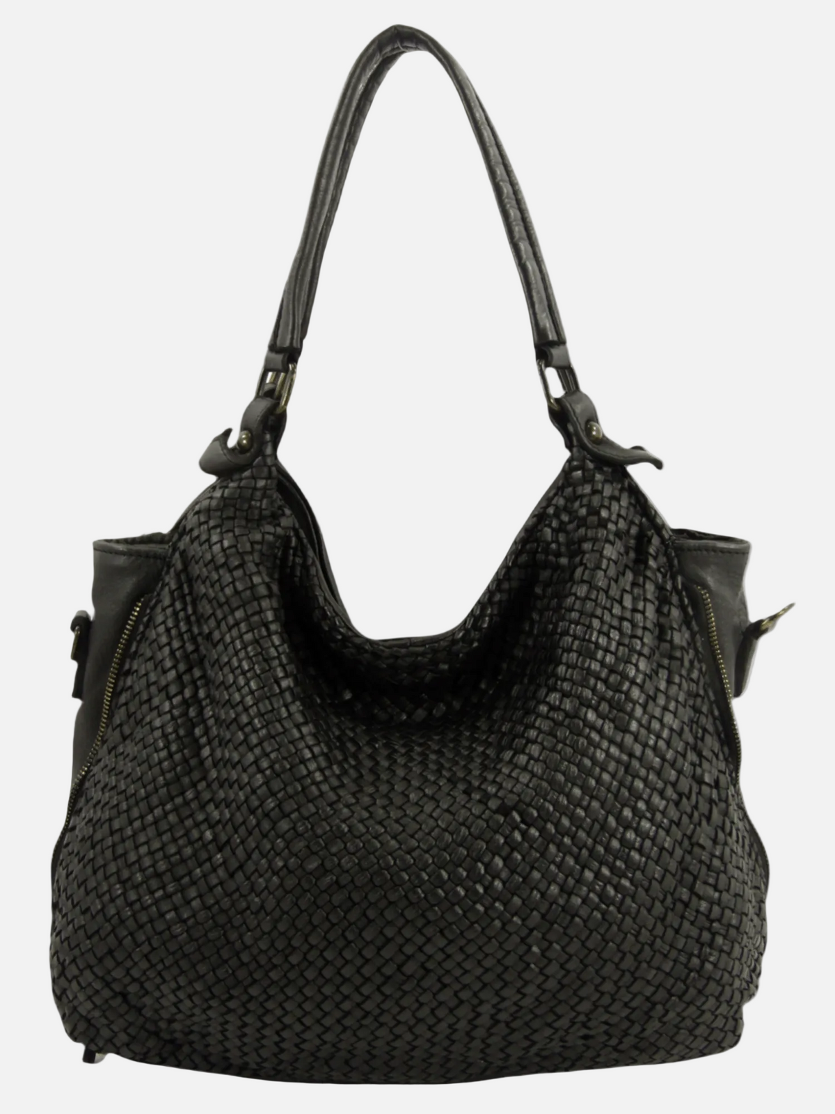 Borsa  MH pelle intrecciata tinta in capo Mahzel made in Italy nera tracolla regolabile e rimovibile chiusura con zip
