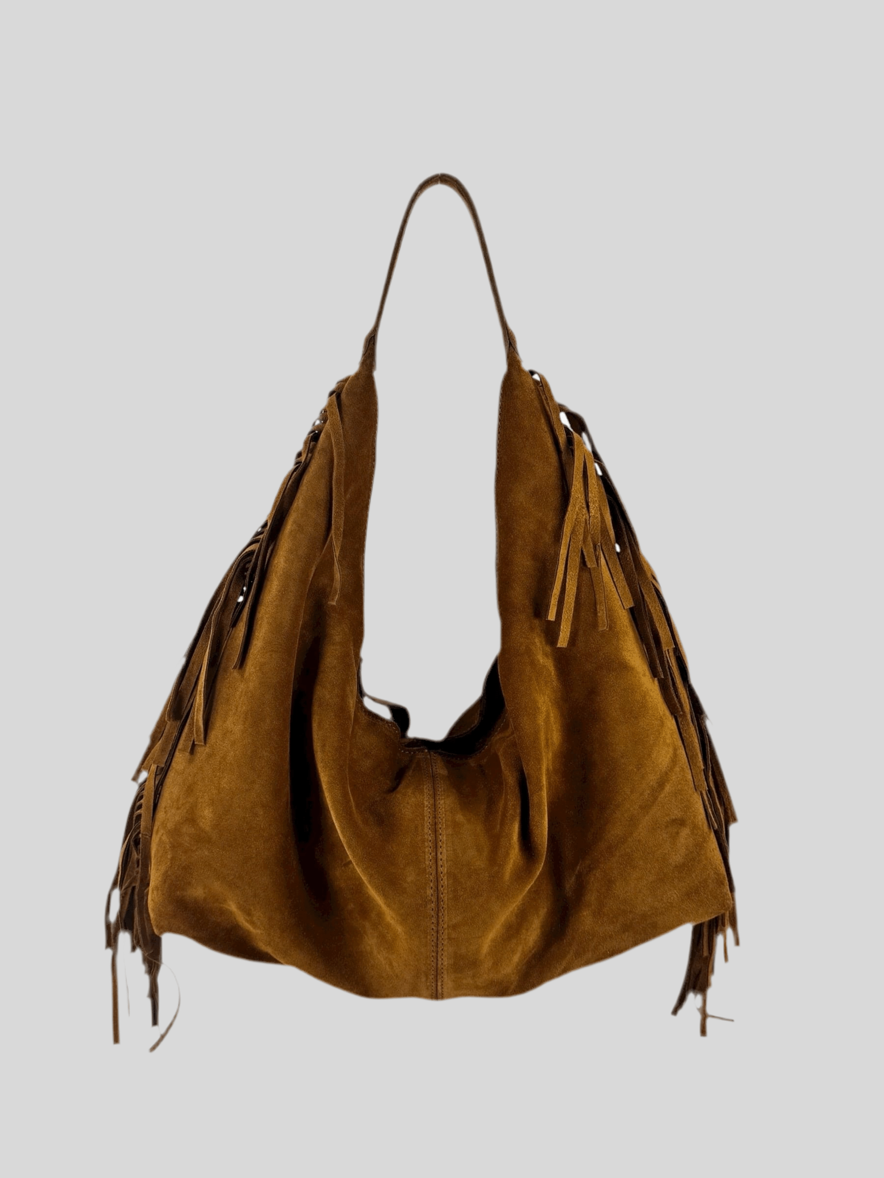 Borsa camoscio con frange Mahzel Made in Italy marrone cuoio