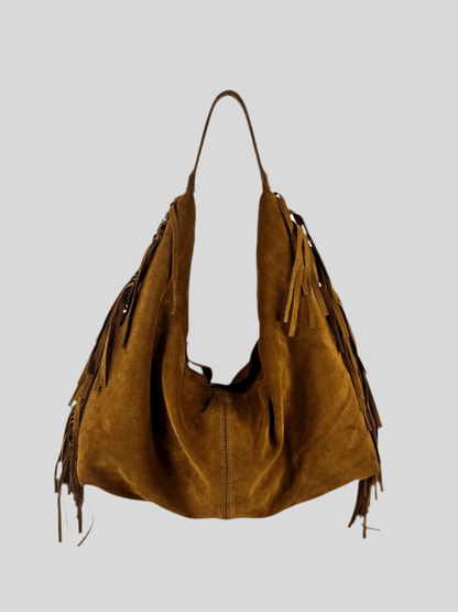 Borsa camoscio con frange Mahzel Made in Italy marrone cuoio