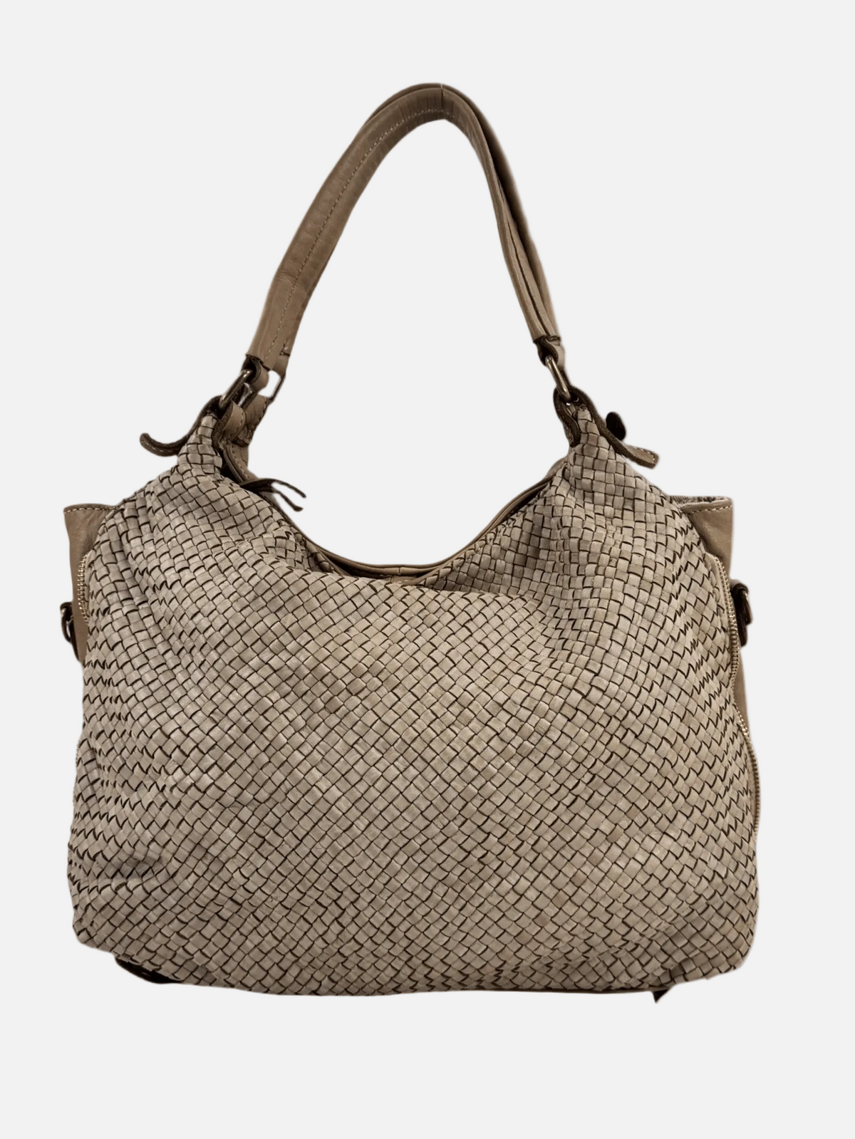 Borsa MH in pelle intrecciata lavata Mahzel colore tortora made in Italy tracolla regolabile e rimovibile
