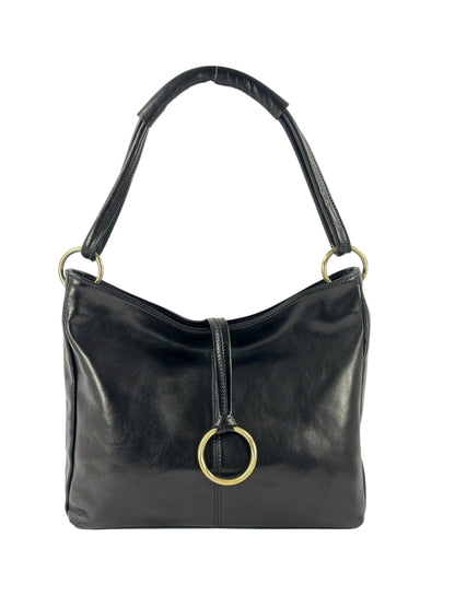 Borsa  a mano e spalla in cuoio con anello sul davanti - Mahzel