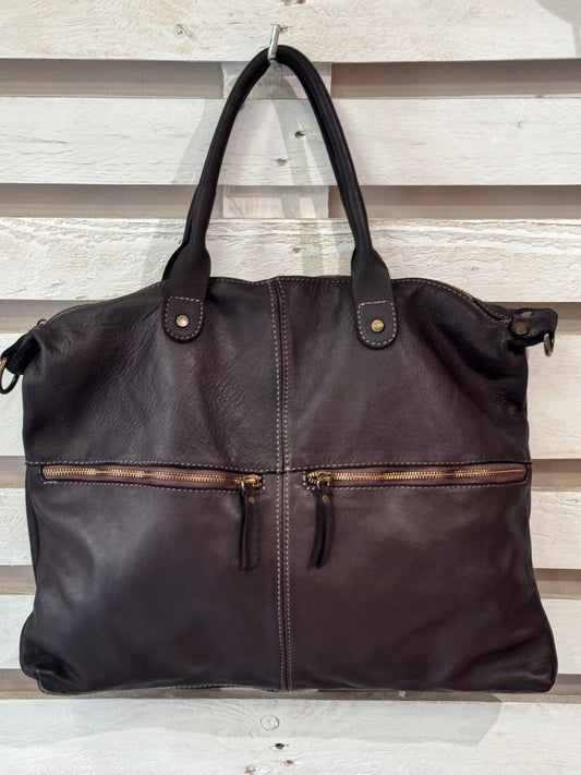 Borsa in vacchetta tinta in capo Amelia con tasche esterne-Mahzel