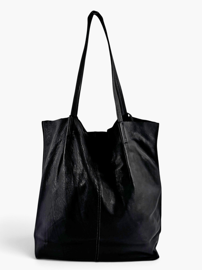 Borsa shopper pelle sfoderata tinta in capo colore nero manico generosi