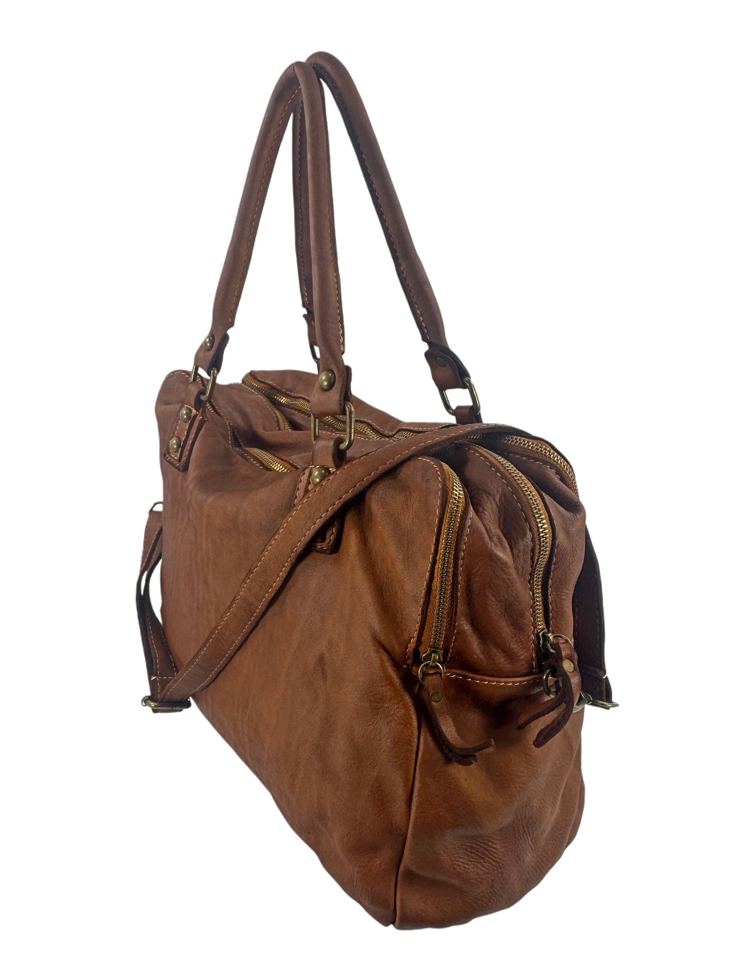 Borsa grande in pelle morbida lavata tre zip City - Mahzelź