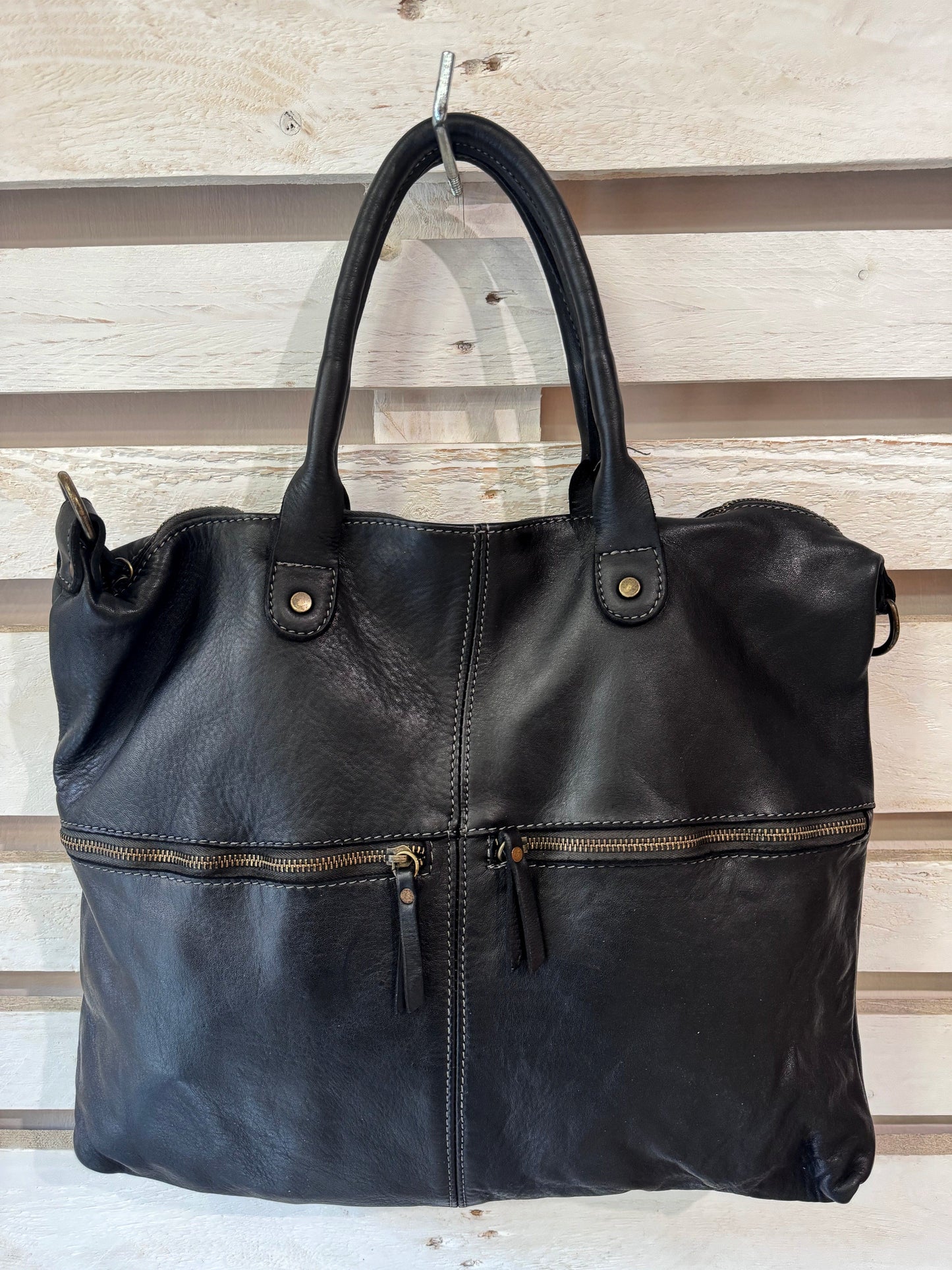 Borsa in vacchetta tinta in capo Amelia con tasche esterne-Mahzel
