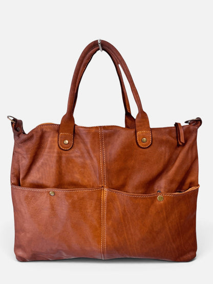 Borsa in vacchetta tinta in capo Amelia con tasche esterne-Mahzel