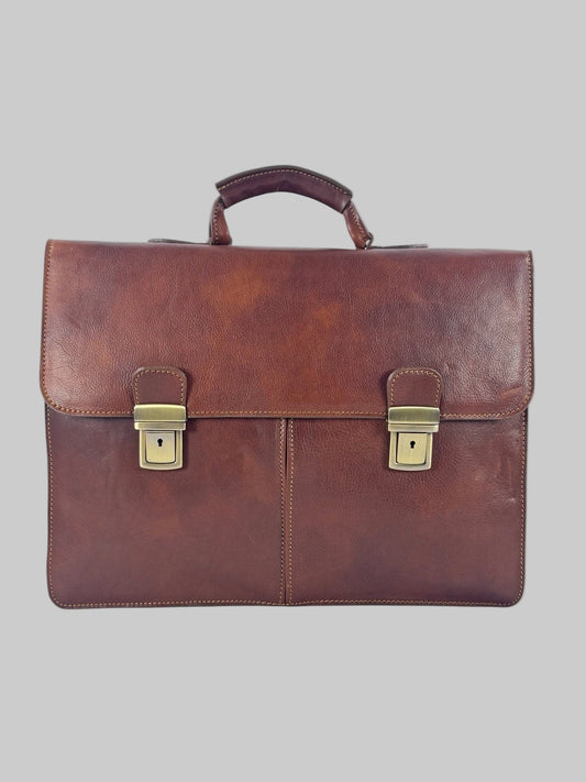 Cartella grande in cuoio conciato al vegetale interni in pelle, due scomparti e tasche - Mahzel