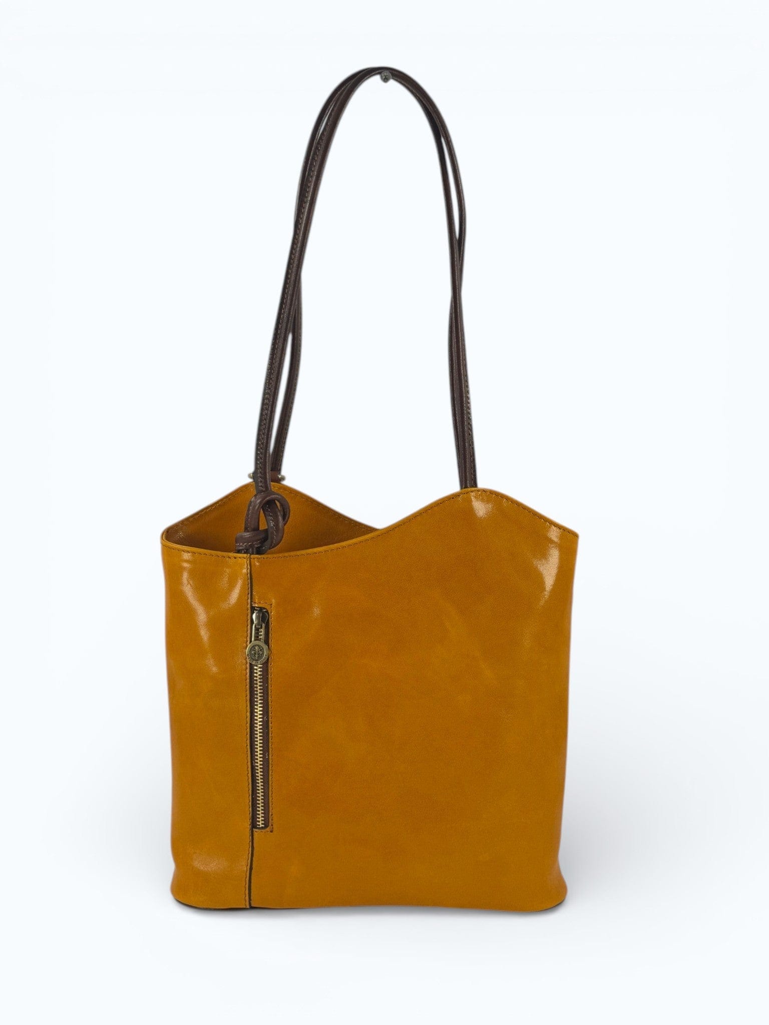 borsa a spalla e zaino cuoio toscano giallo senape mahzel made in italy