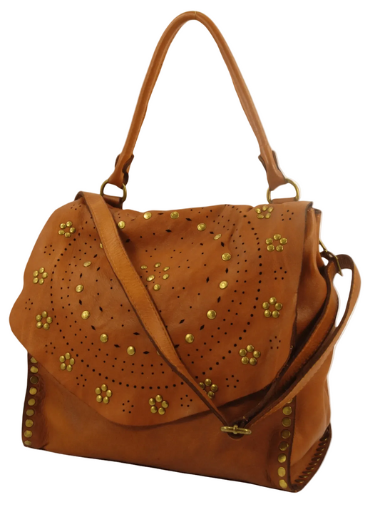 Borsa in pelle morbida a spalla e tracolla decorata