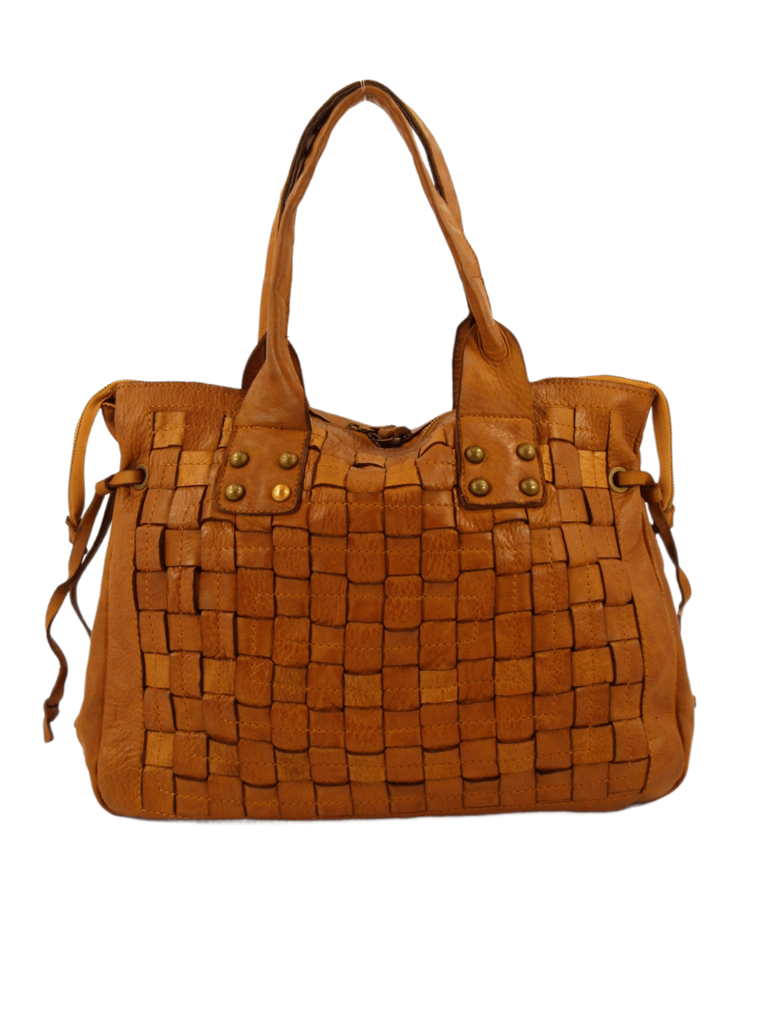 borse made in italy mahzel colore marrone shopper in pelle con frontale intrecciato comoda leggera capiente si porta a spalla a mano e tracolla