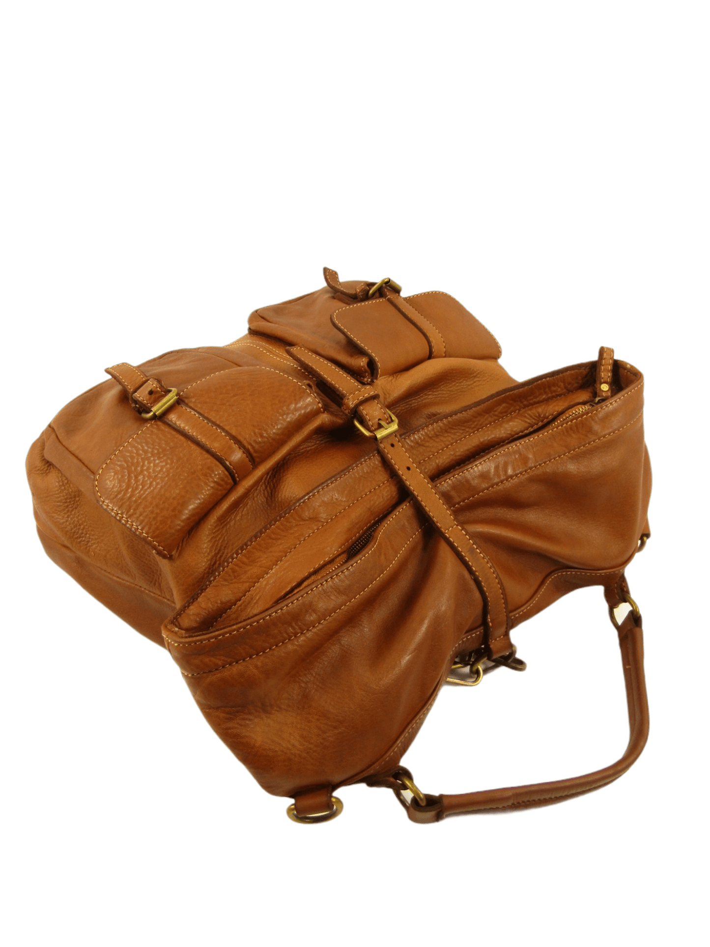 borsa, postina, zaino in pelle morbida effetto vintage, colore marrone, vista dall'alto
