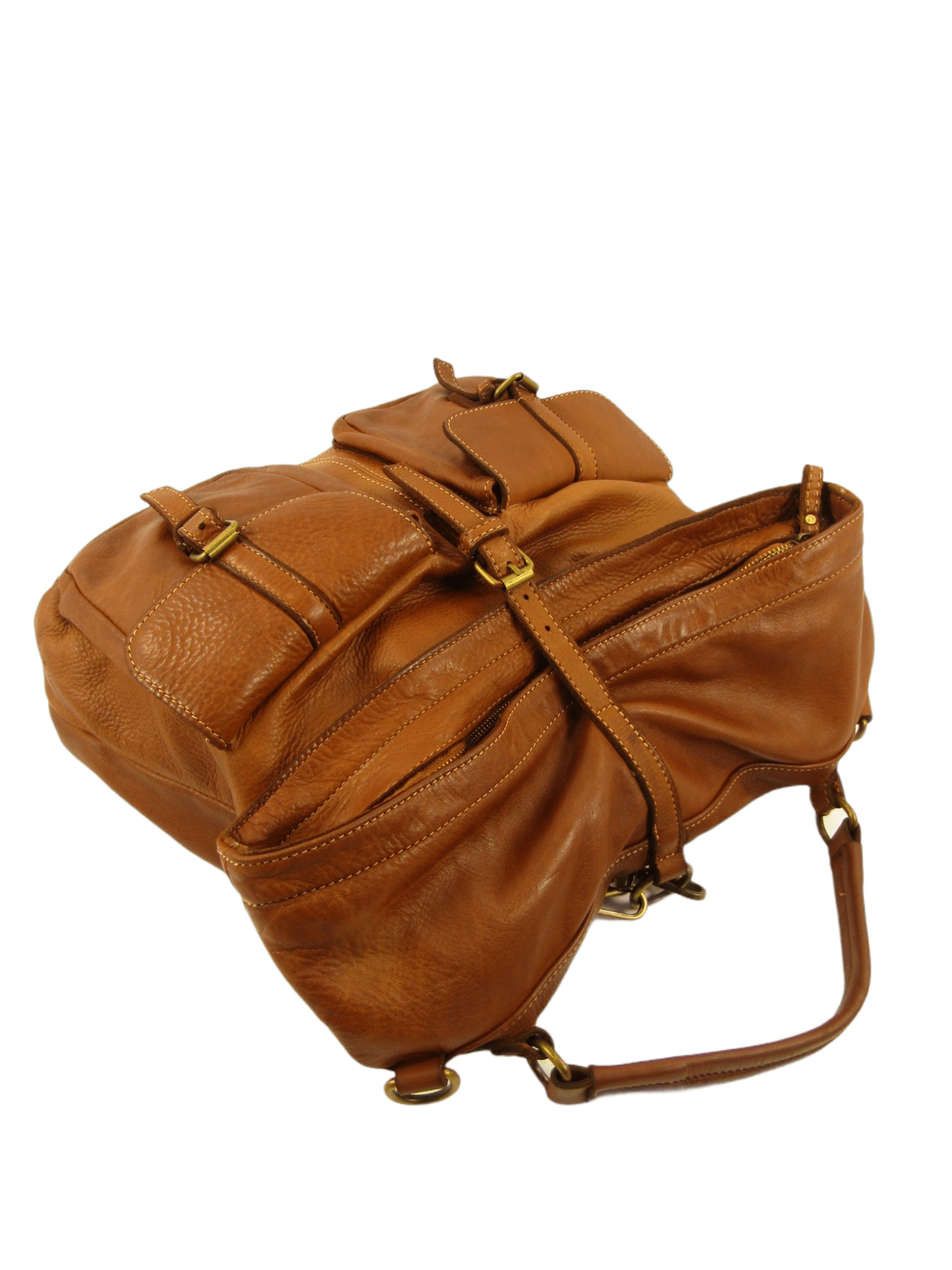 borsa, postina, zaino in pelle morbida effetto vintage, colore marrone, vista dall'alto