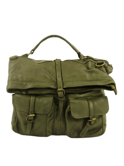 borsa multifunzione grande in vacchetta tinta in capo, chiusura con zip e fibbie, tasche frontali, doppie tracolle in pelle regolabili e rimovibili, bella, morbida e comoda, colore verde
