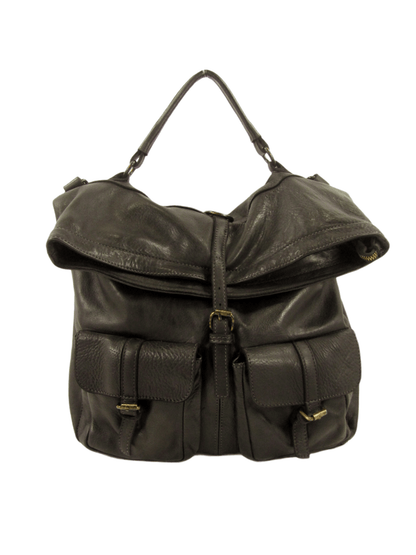 borsa multifunzione grande in vacchetta tinta in capo, chiusura con zip e fibbie, tasche frontali, doppie tracolle in pelle regolabili e rimovibili, bella, morbida e comoda, colore nero