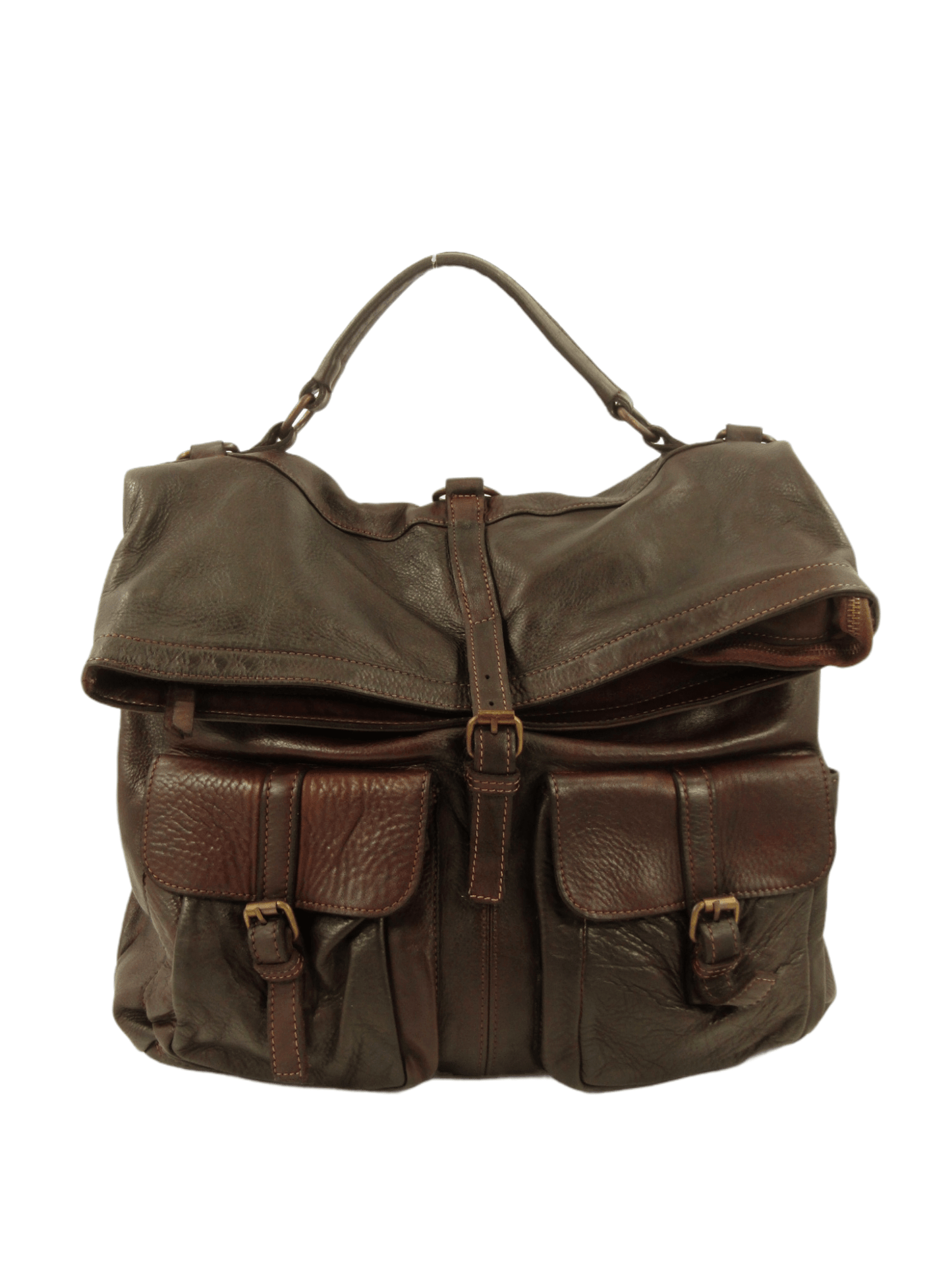 borsa multifunzione grande in vacchetta tinta in capo, chiusura con zip e fibbie, tasche frontali, doppie tracolle in pelle regolabili e rimovibili, bella, morbida e comoda, colore tetsta di moro