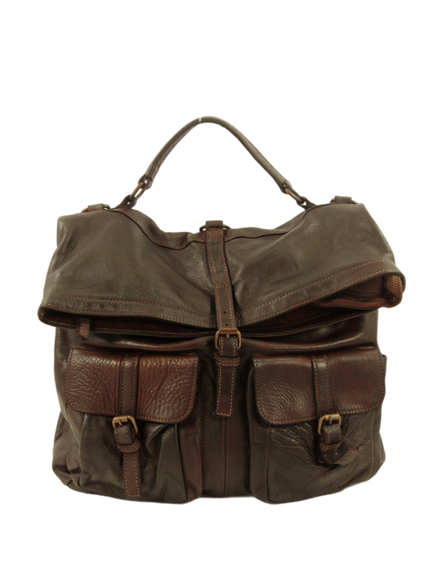 borsa multifunzione grande in vacchetta tinta in capo, chiusura con zip e fibbie, tasche frontali, doppie tracolle in pelle regolabili e rimovibili, bella, morbida e comoda, colore tetsta di moro