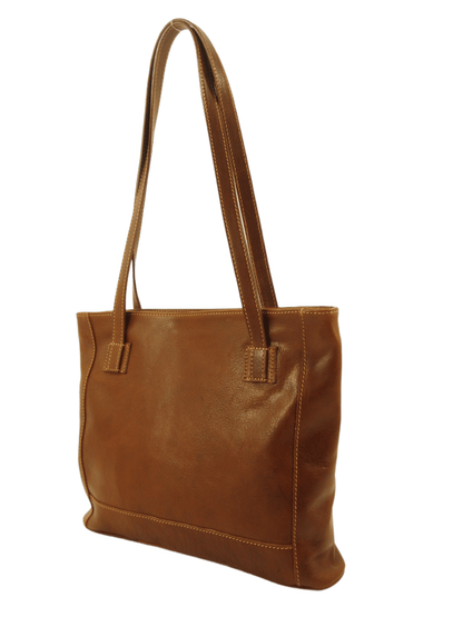 borsa shopper Greta in vero cuoio conciato al vegetale, costruita in toscana, chiusura con zip, vista laterale, colore marrone