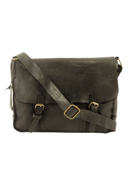 messenger bag in vera pelle tinta in capo costruita in maniera artigianale in toscana chiusura con zip, interno rivestito ed accessoriato, colore nero