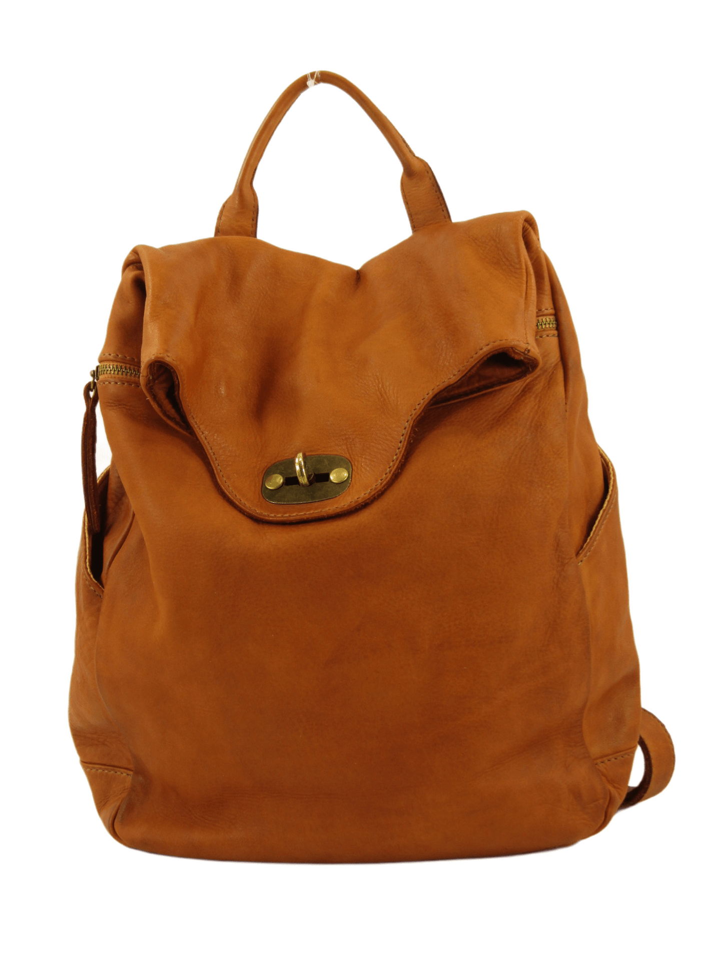 Zaino in pelle morbida tinto in capo effetto vintage costruito con pellami di alta qualità in maniera artigianale in toscana tasche laterali aperte due scomparti rivestiti uno chiuso da zip e l'altro chiuso da meccanismo ad incastro interno accessoriato colore marrone 